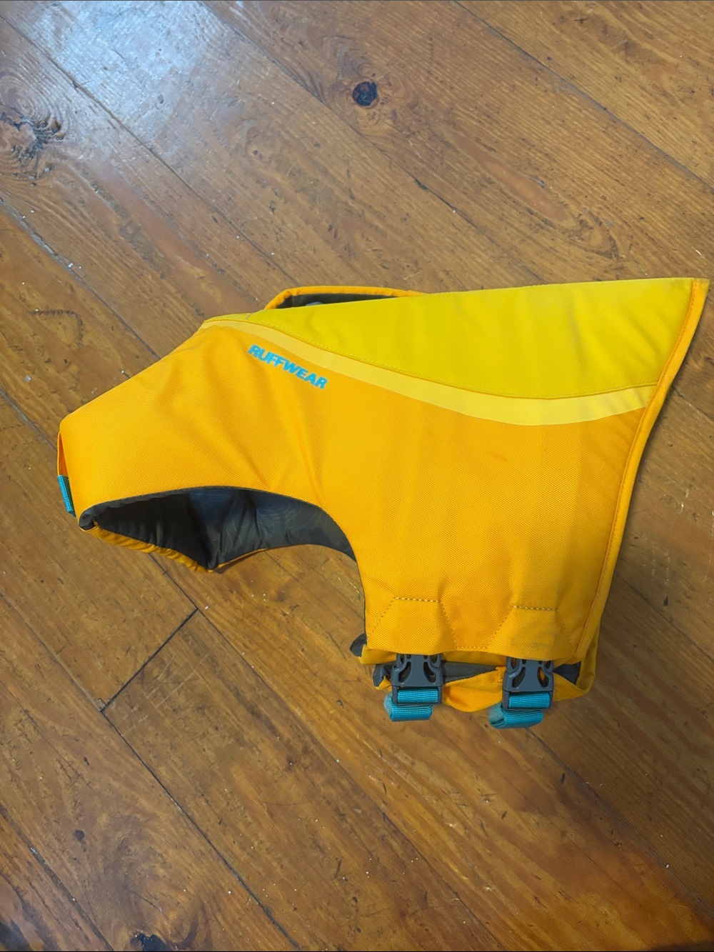 RuffWear Yellow Orange Dog Life Jacket with Teal Buckles